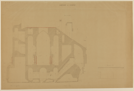 217424 Doorsnede van het beneden-vierkant van de Domtoren te Utrecht, van noord naar zuid, over de kelder en de ...